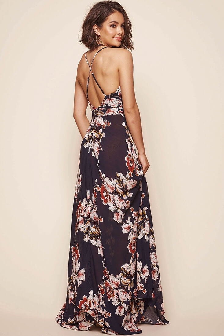 Calabasas Floral Waist Tie Maxi Dress Navy by Selfie Leslie