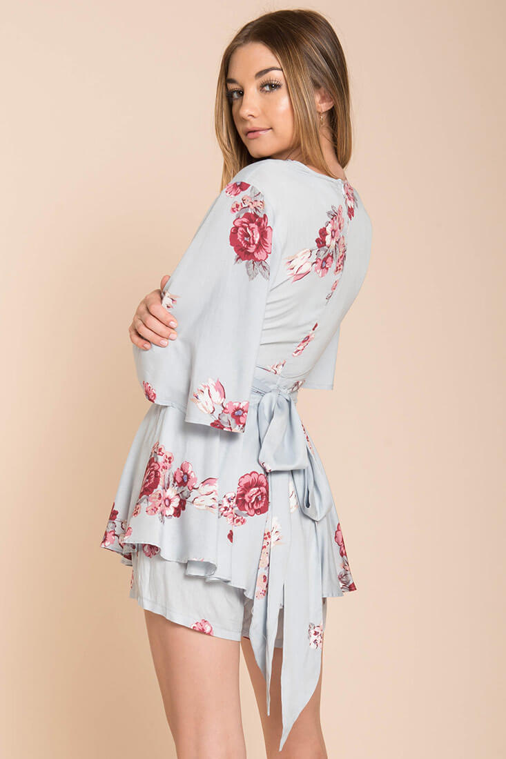 Rosalynn Bow Tie Floral Romper Blue by Selfie Leslie