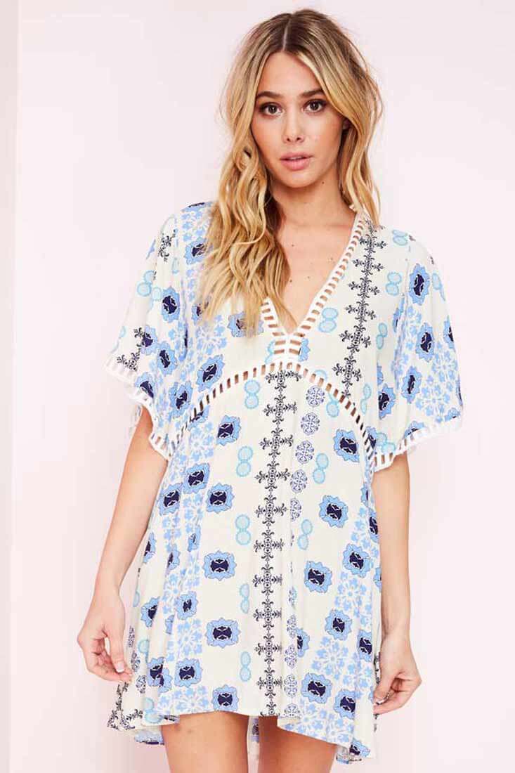 Yaritza Eyelit Mixed Print Dress Blue by Selfie Leslie