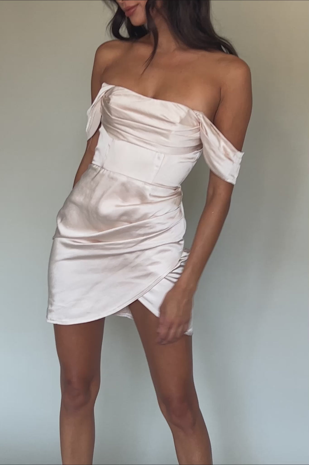 Night To Remember Off-Shoulder Satin Dress Champagne