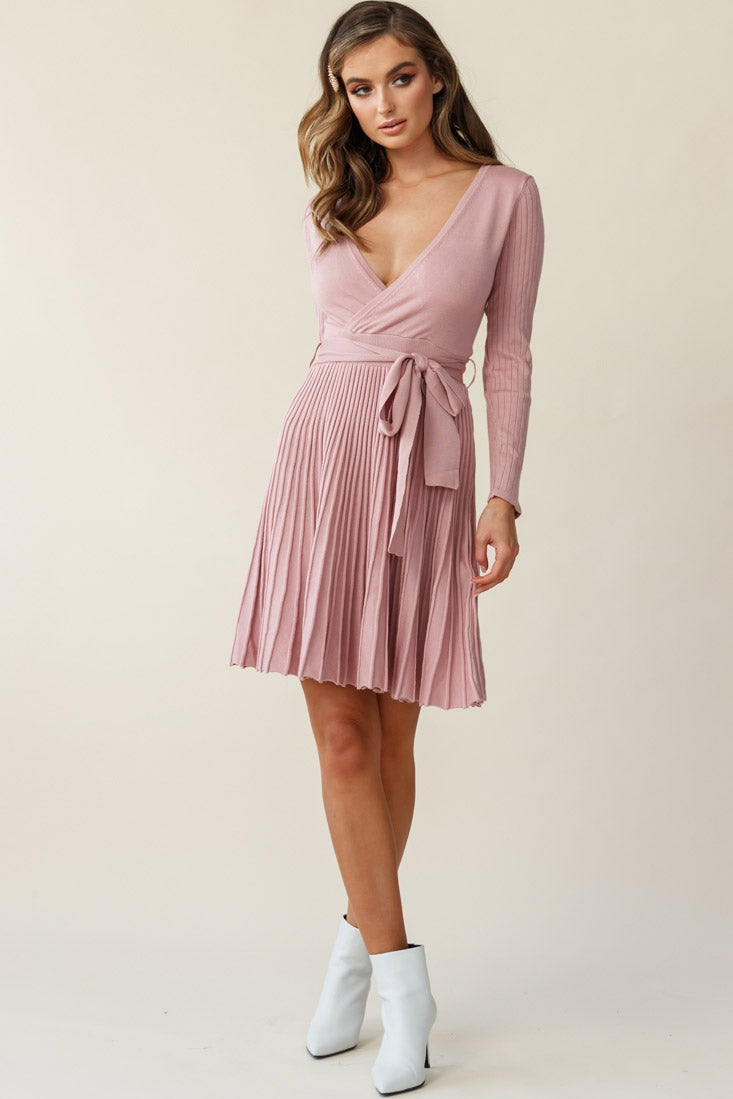 Marlena Long Sleeve Pleated Skirt Knit Dress Blush by Selfie Leslie