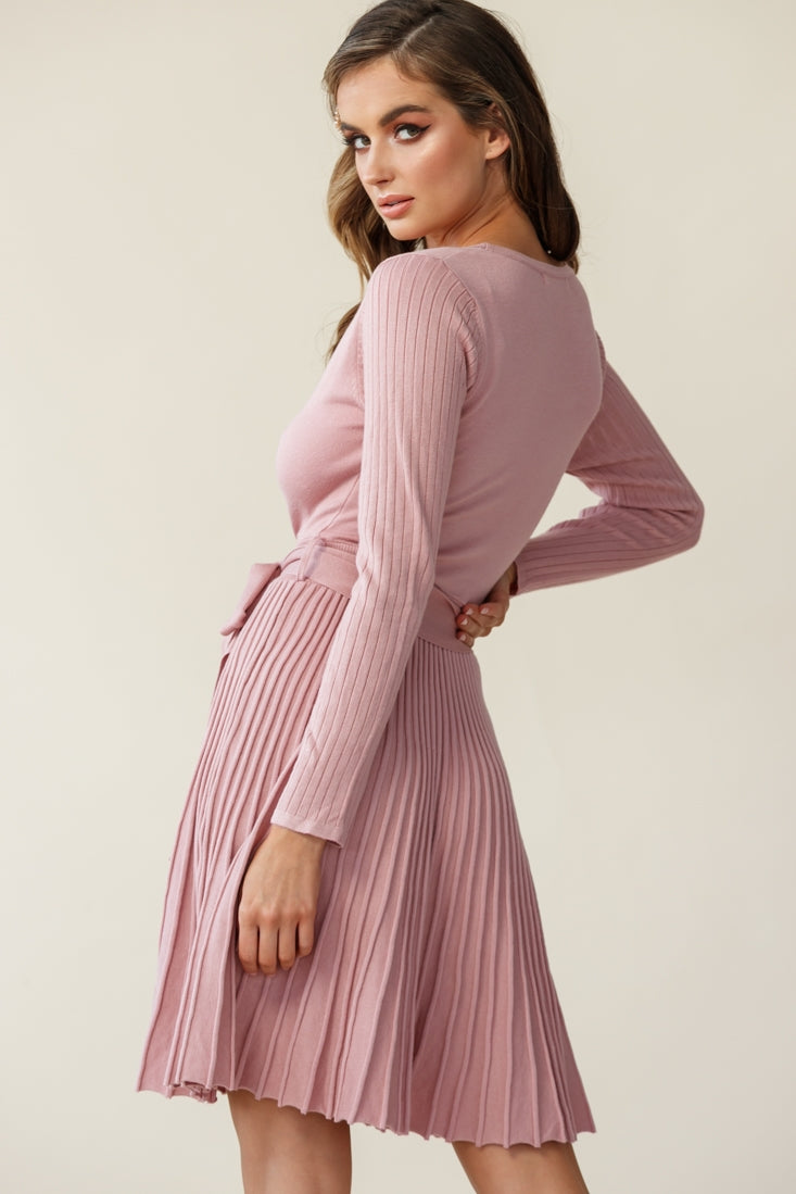 Marlena Long Sleeve Pleated Skirt Knit Dress Blush by Selfie Leslie
