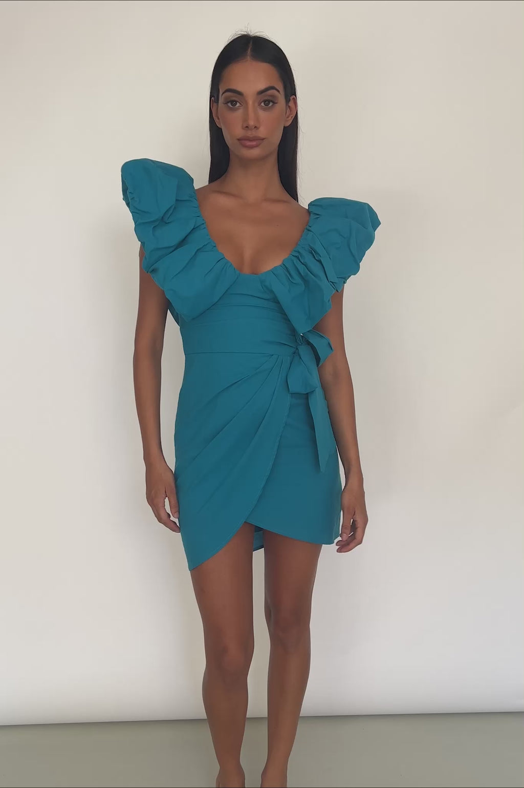 Kahlo Puffed Ruffle Neckline Mini Dress Blue
