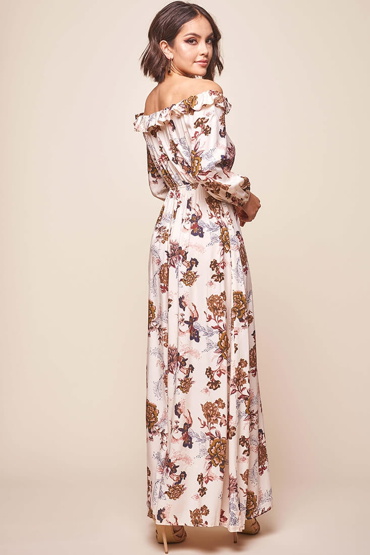 Tatiana Bardot Frill Neckline Maxi Dress Mocha by Selfie Leslie