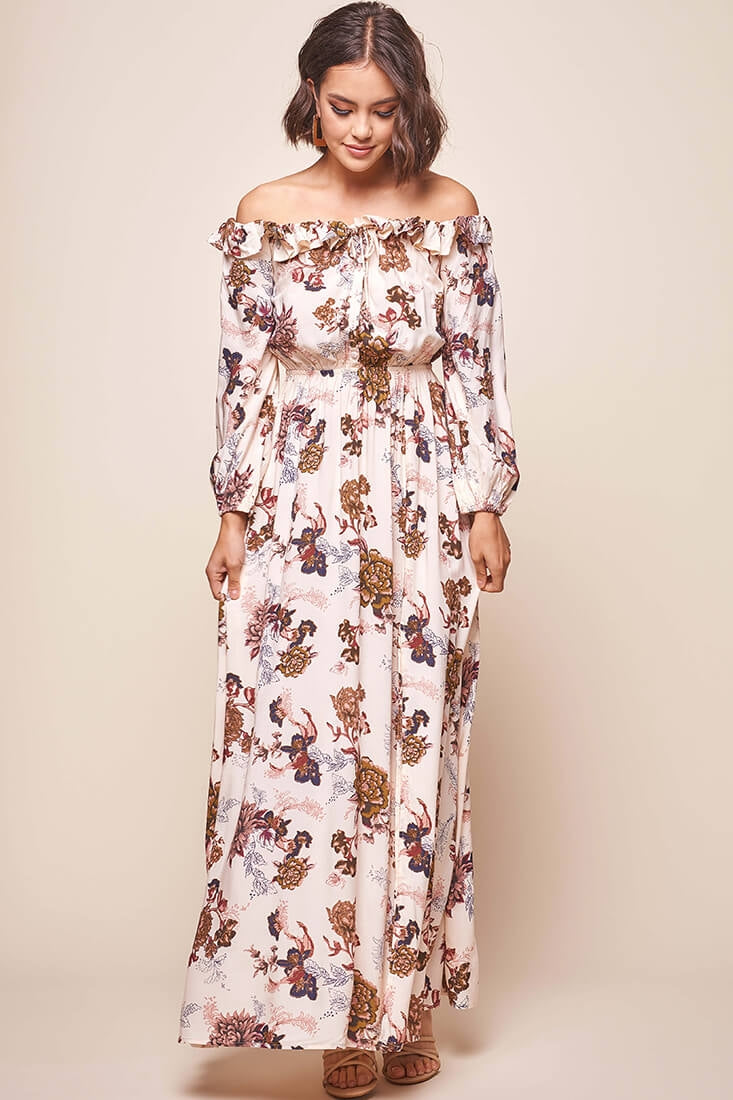 Tatiana Bardot Frill Neckline Maxi Dress Mocha by Selfie Leslie