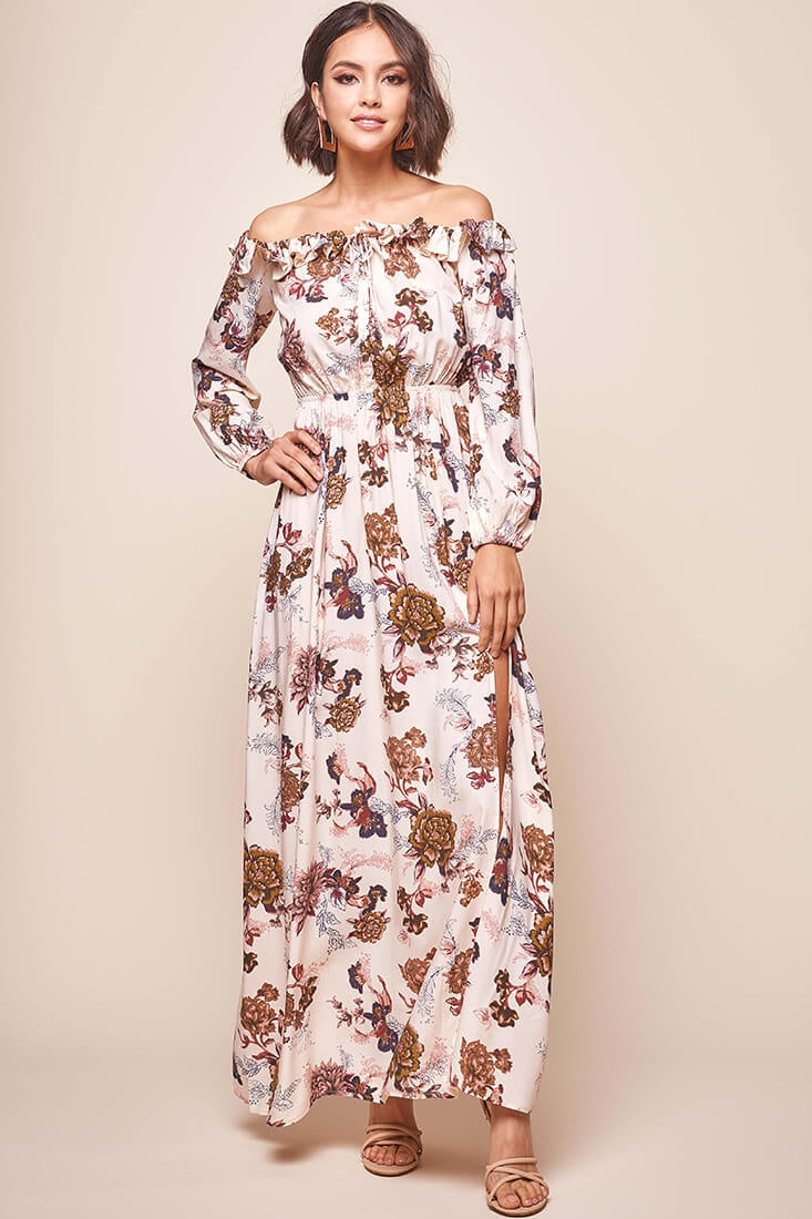 Tatiana Bardot Frill Neckline Maxi Dress Mocha by Selfie Leslie