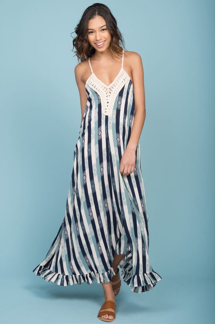 Tristan Striped Crochet Detail Maxi Dress Navy & Beige by Selfie Leslie