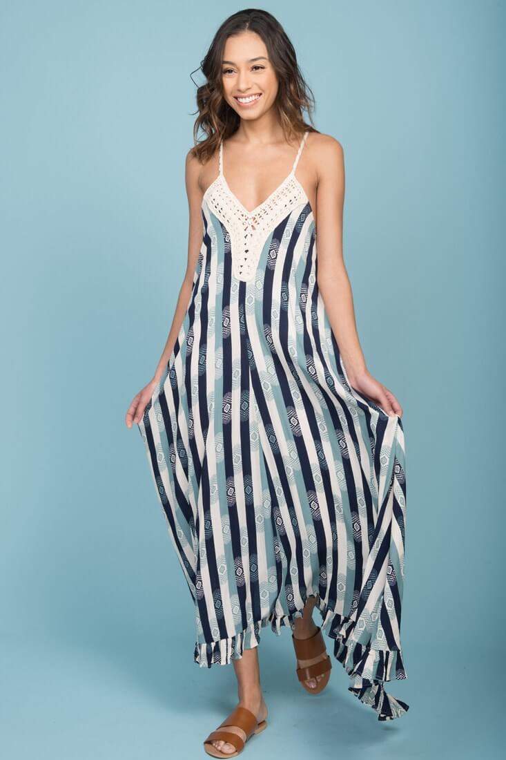 Tristan Striped Crochet Detail Maxi Dress Navy & Beige by Selfie Leslie