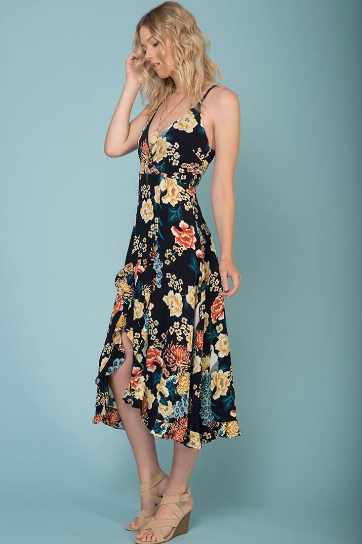 Adalynn Hi Low Deep V Floral Midi Dress by Selfie Leslie