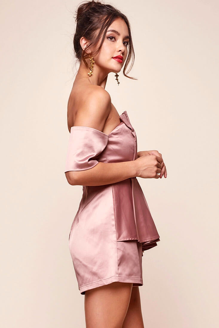 Aly Off the Shoulder Satin Romper Mocha by Selfie Leslie