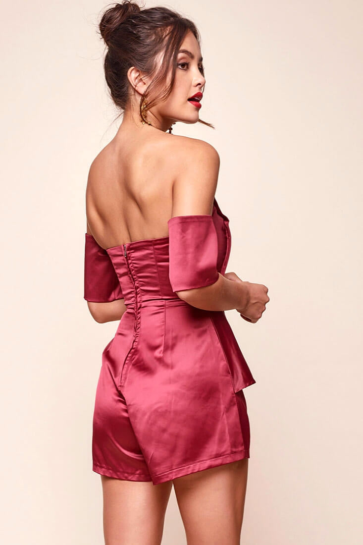 Aly Off the Shoulder Dressy Satin Romper Red Wine by Selfie Leslie