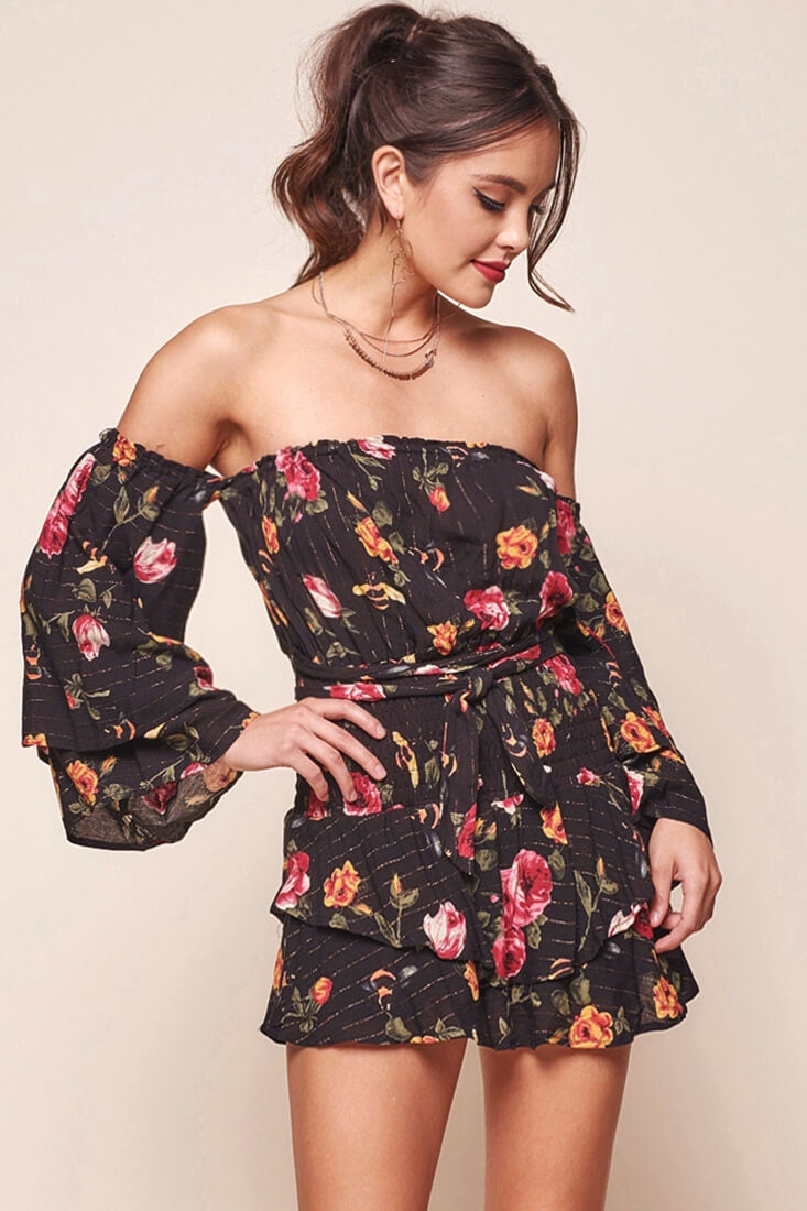 Emory Off the Shoulder Bell Sleeve Romper Black by Selfie Leslie