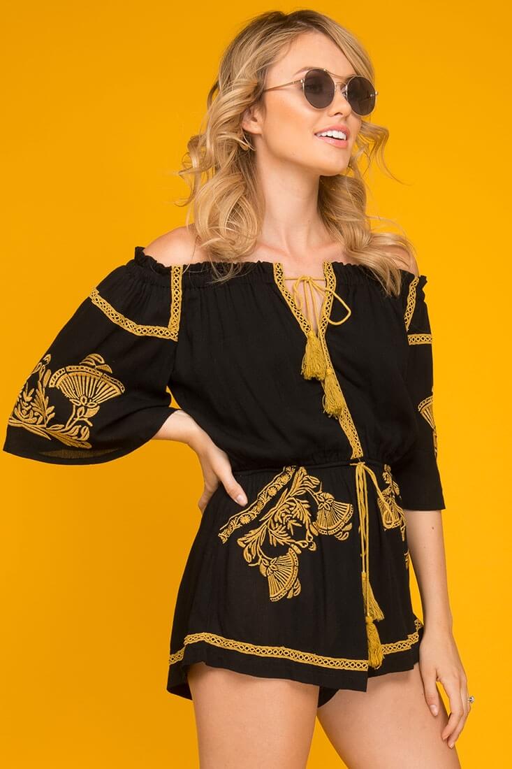 Gabriella Embroidered Tassel Romper Black by Selfie Leslie