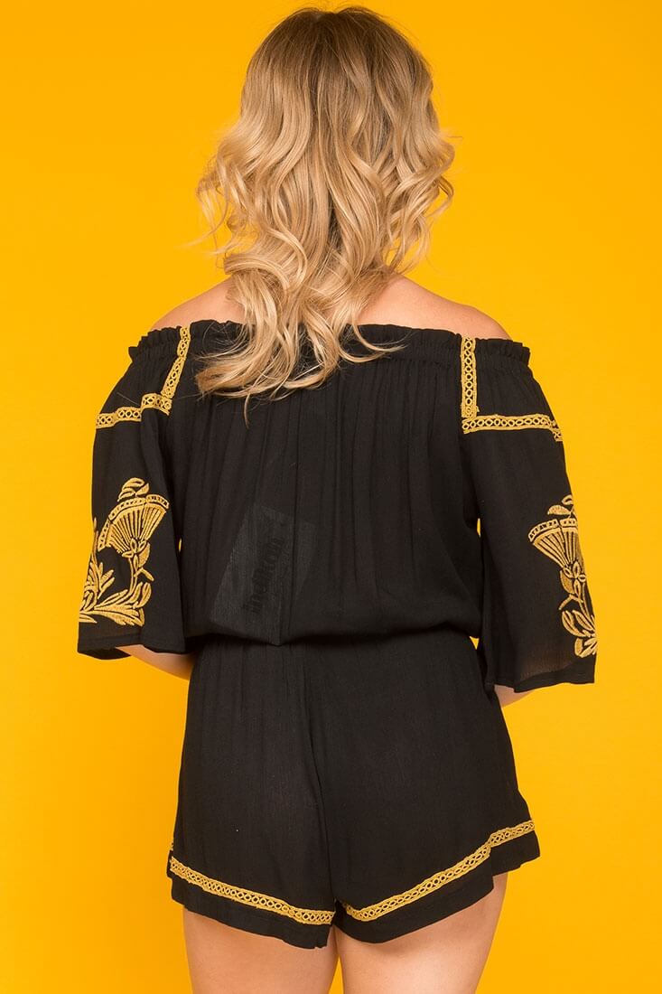 Gabriella Embroidered Tassel Romper Black by Selfie Leslie