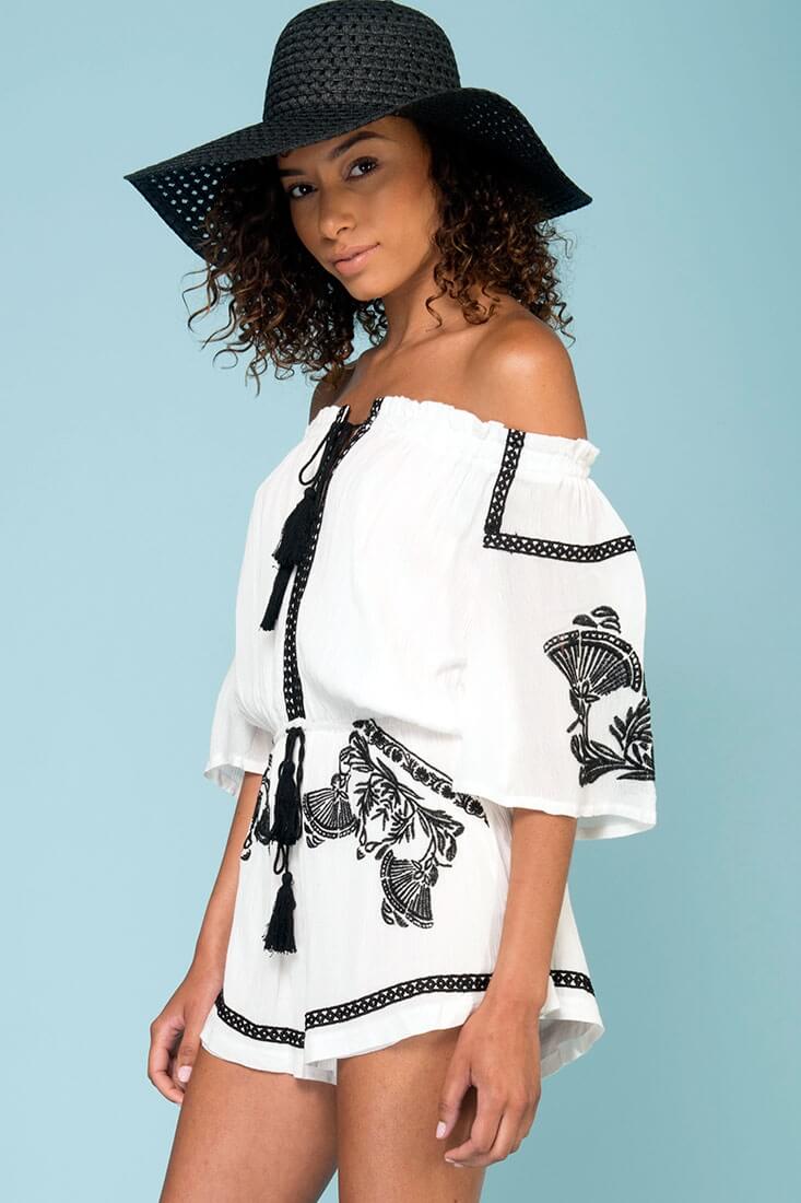 Gabriella Embroidered Tassel Romper White by Selfie Leslie