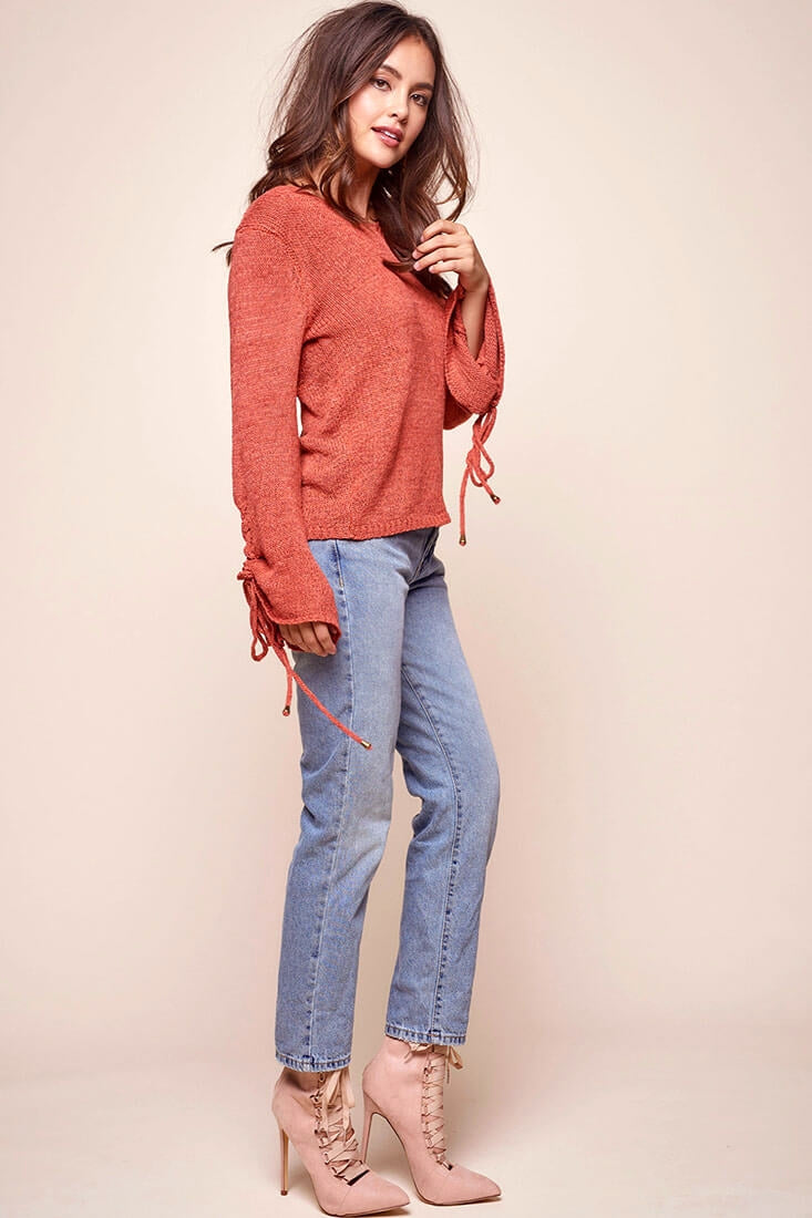 Cairo Knitted Long Tie Sleeved Top Rust by Selfie Leslie