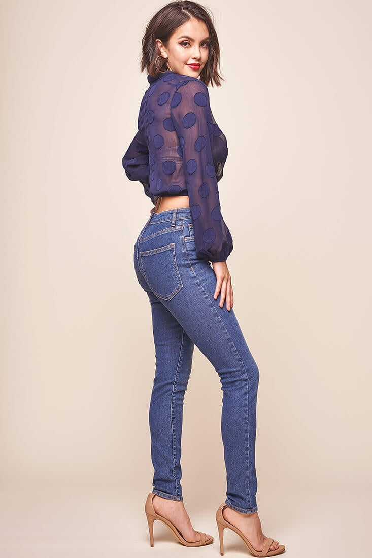 After Hours Sheer Wrap Blouse Navy by Selfie Leslie