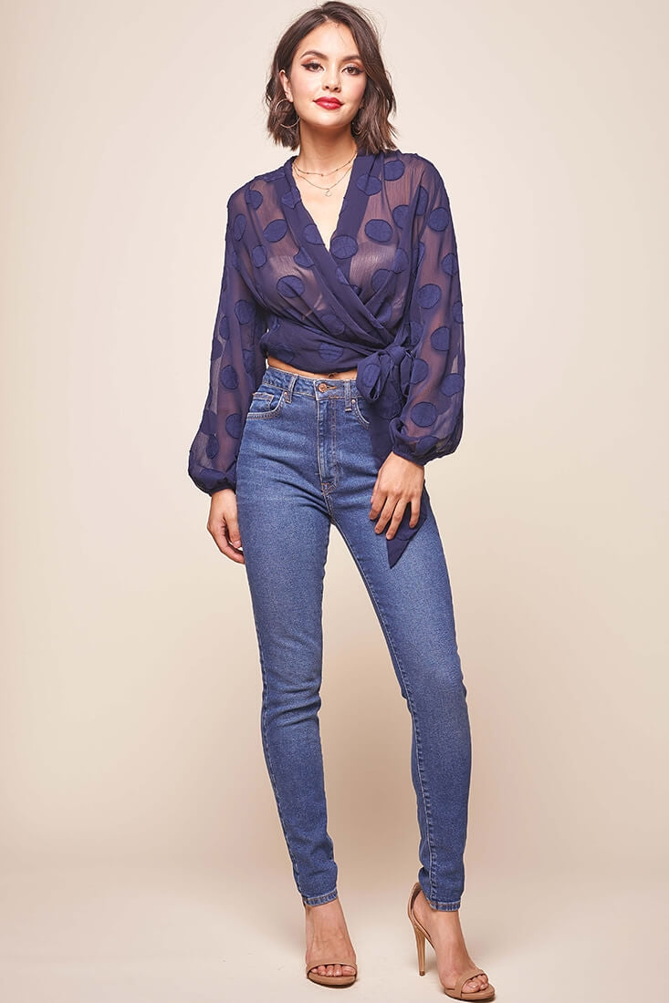 After Hours Sheer Wrap Blouse Navy by Selfie Leslie