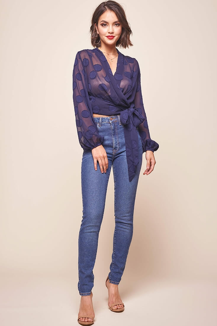 After Hours Sheer Wrap Blouse Navy by Selfie Leslie