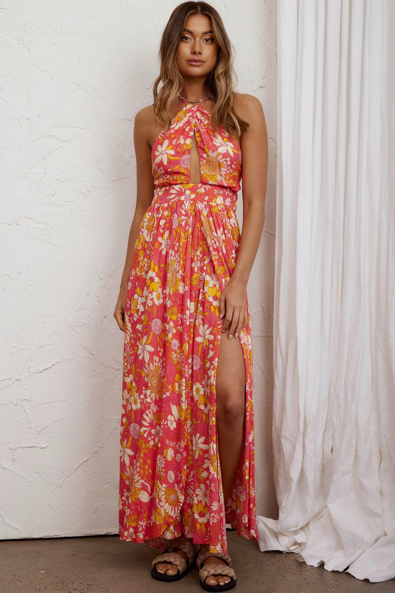 Athena High Split Maxi Dress Retro Floral Orange by Selfie Leslie