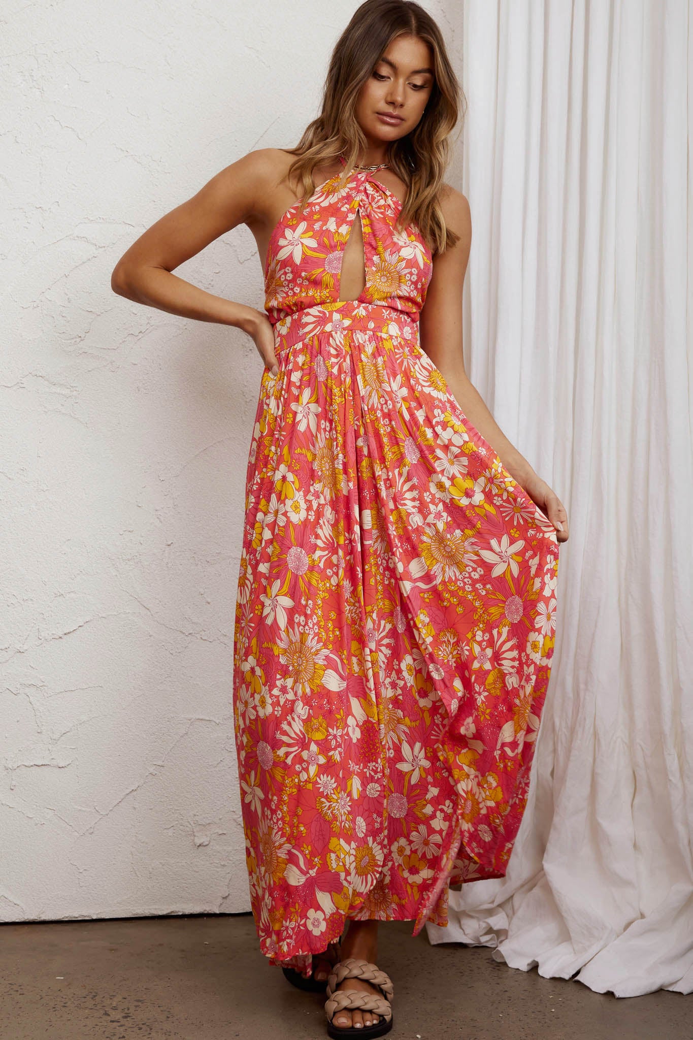 Athena High Split Maxi Dress Retro Floral Orange by Selfie Leslie