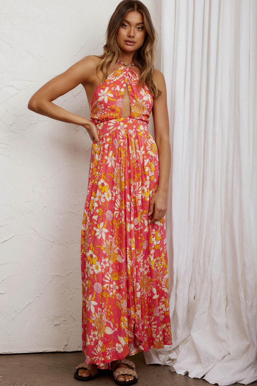 Athena High Split Maxi Dress Retro Floral Orange by Selfie Leslie