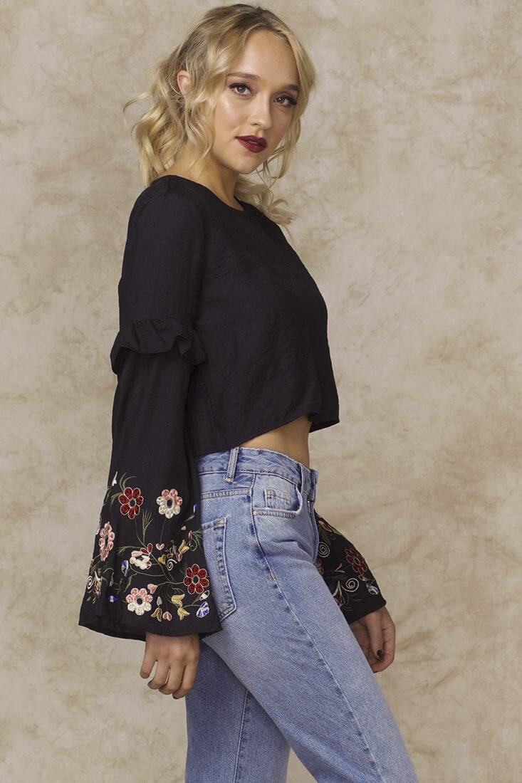Normani Floral Bell Sleeved Crop Top Black by Selfie Leslie