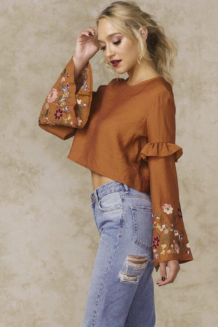 Normani Floral Bell Sleeved Crop Top Orange by Selfie Leslie