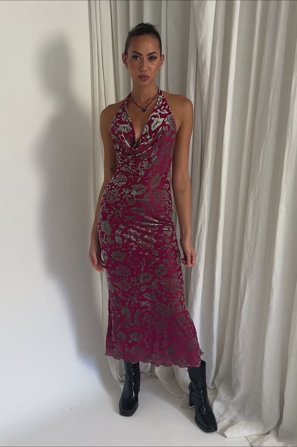 Byzantine Cowl Halterneck Midi Dress Floral Wine