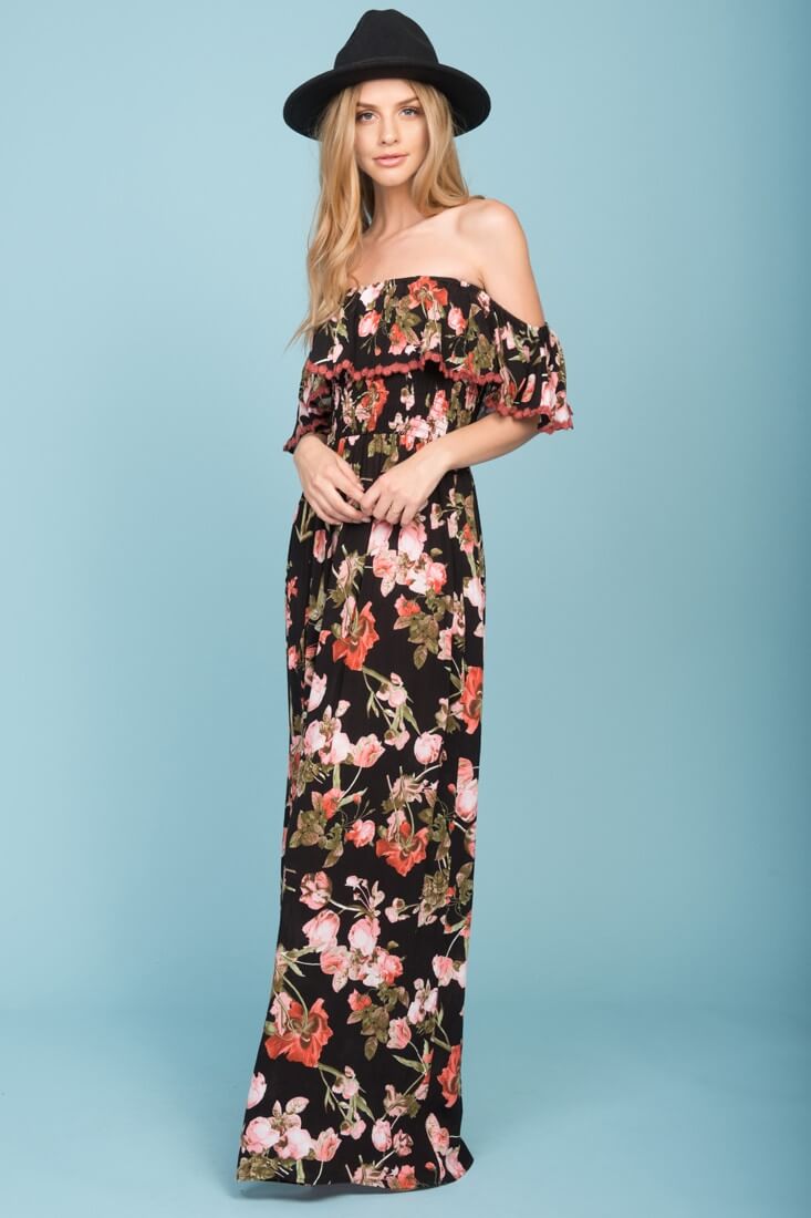 Tuscany Off The Shoulder Maxi Dress Black & Red by Selfie Leslie