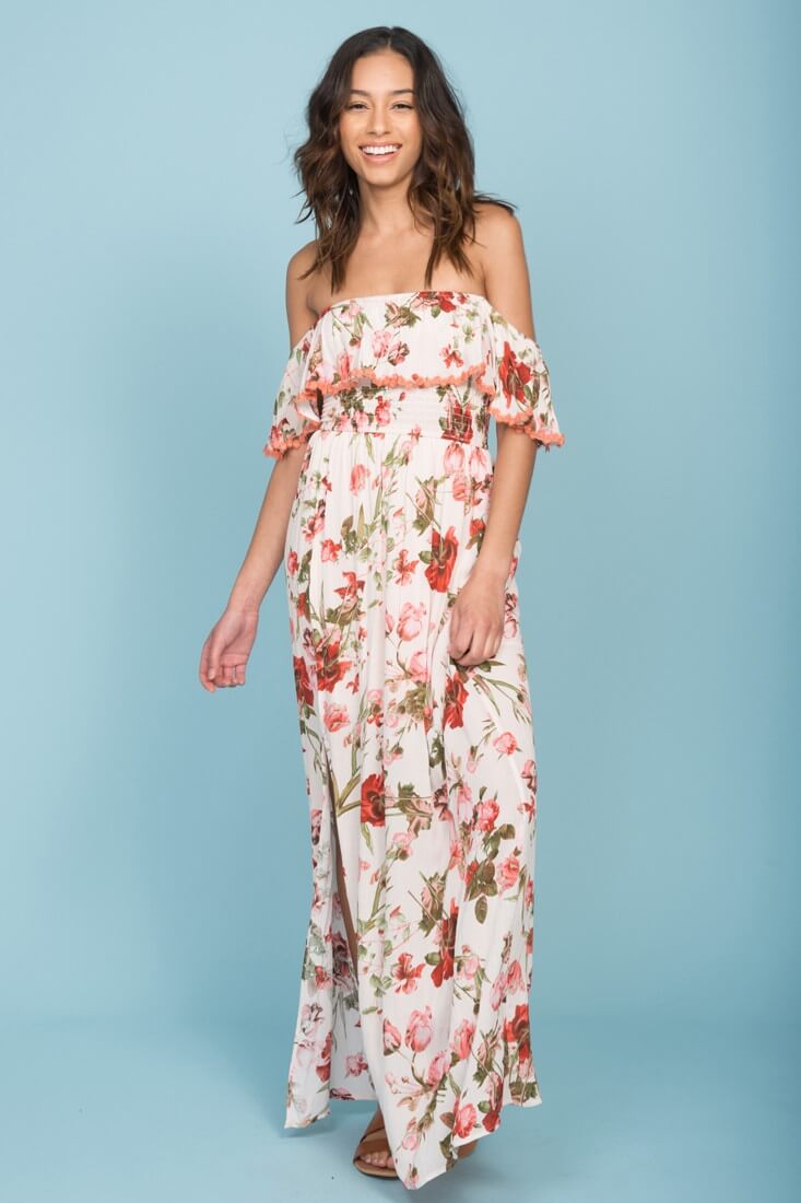 Tuscany Off The Shoulder Maxi Dress White & Red by Selfie Leslie
