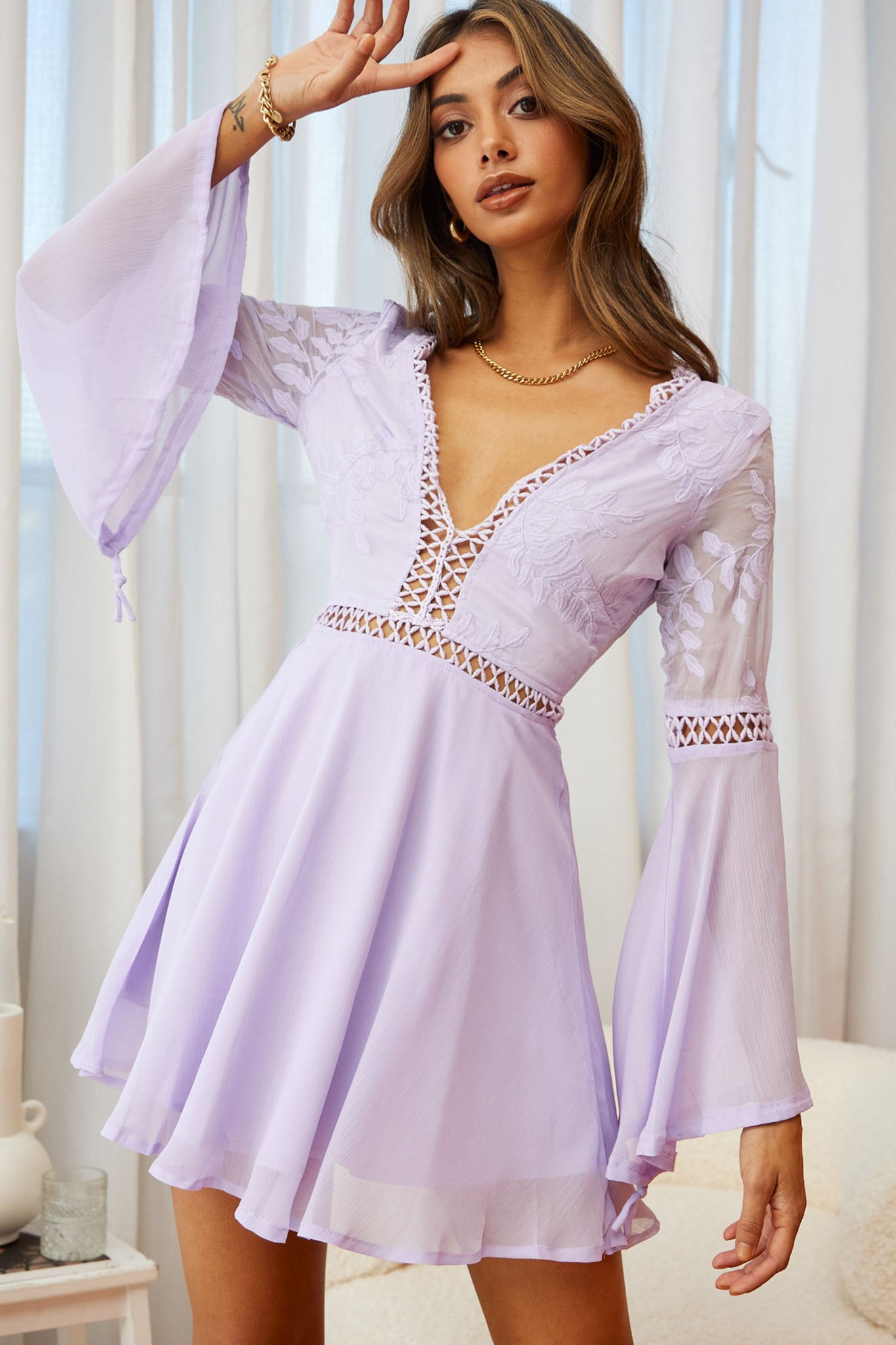 Carson Long Sleeve Crochet Embroidery Detail Dress Lilac by Selfie Leslie