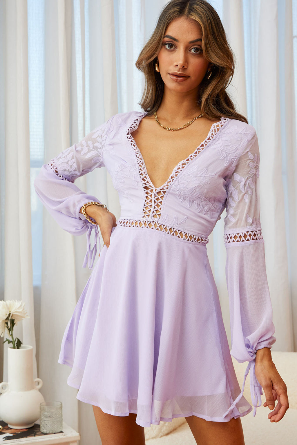 Carson Long Sleeve Crochet Embroidery Detail Dress Lilac by Selfie Leslie