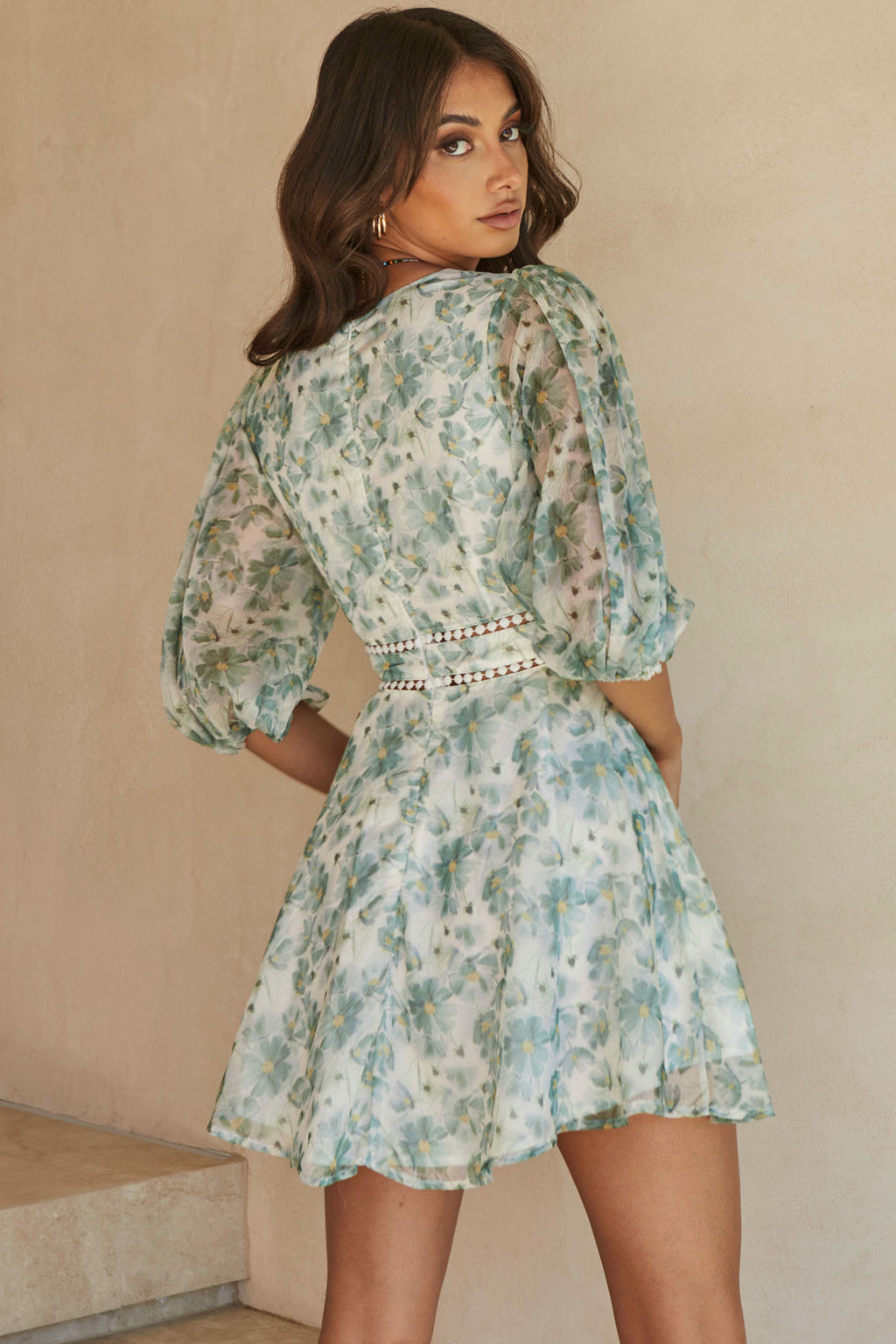 Carson Balloon Sleeve Crochet Trim Detail Dress Floral Print Green by Selfie Leslie