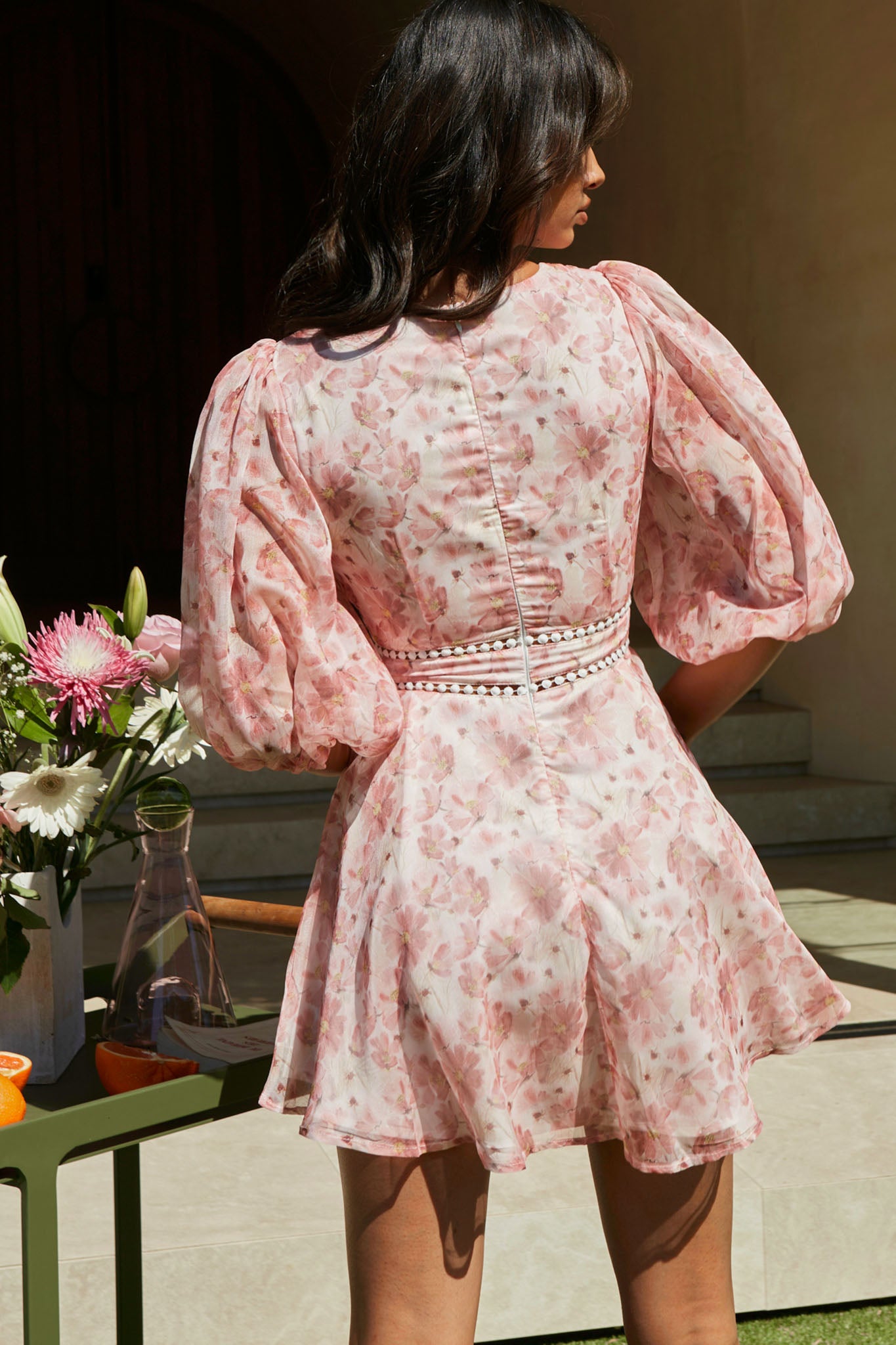 Carson Balloon Sleeve Crochet Trim Detail Dress Floral Print Pink by Selfie Leslie