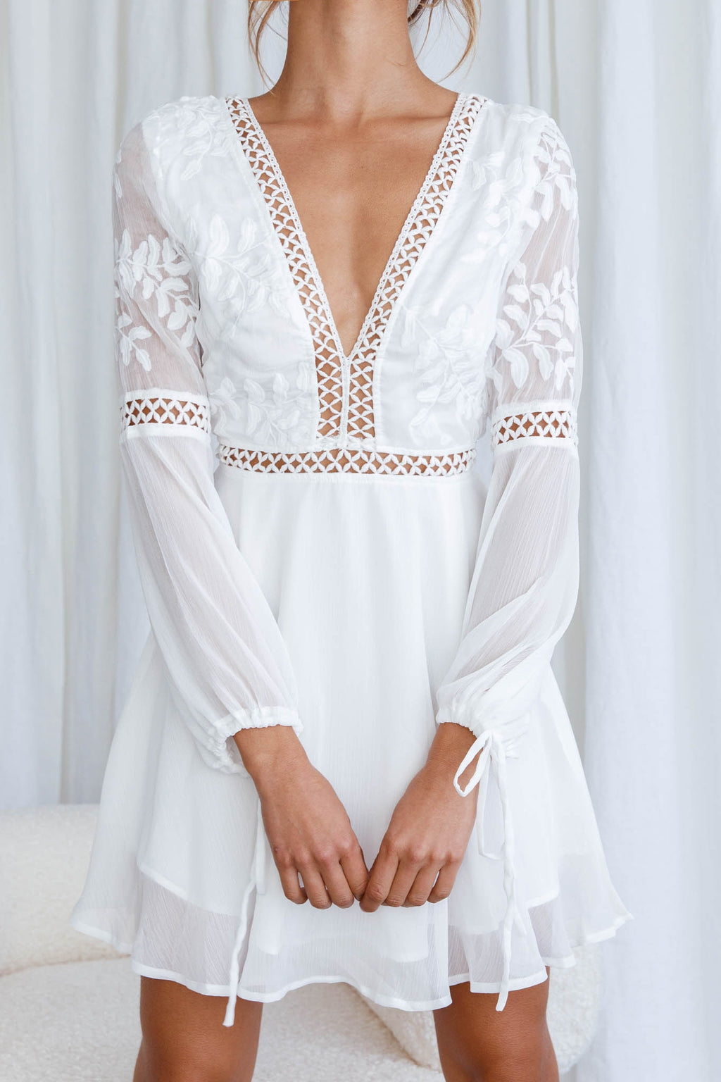 Carson Crochet Bell Sleeve Dress White by Selfie Leslie