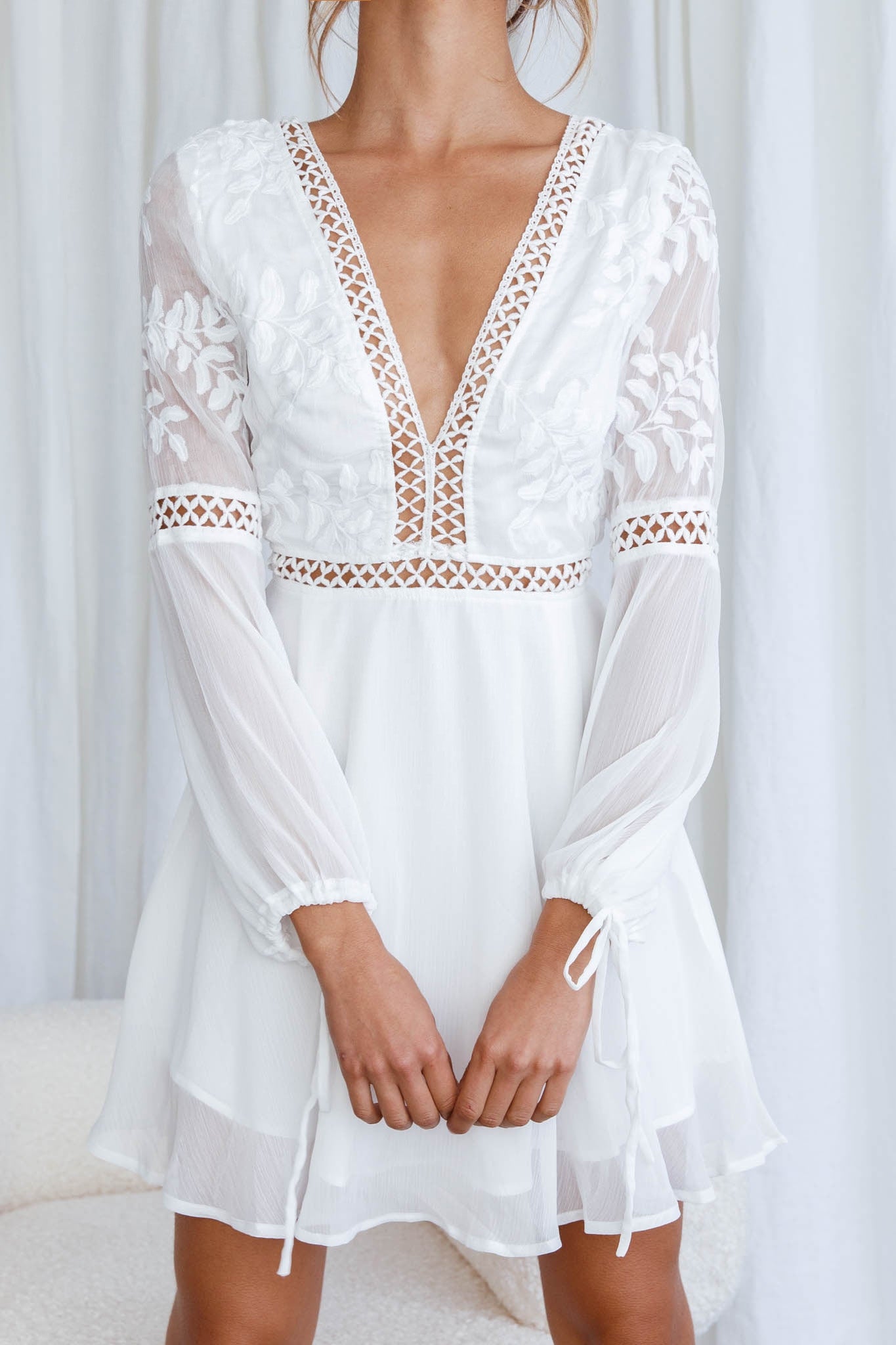 Carson Crochet Bell Sleeve Dress White by Selfie Leslie