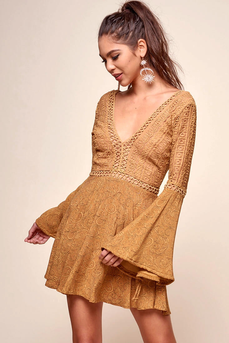 Carson Crochet Bell Sleeve Dress Tan by Selfie Leslie