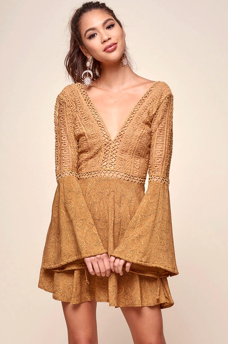Carson Crochet Bell Sleeve Dress Tan by Selfie Leslie