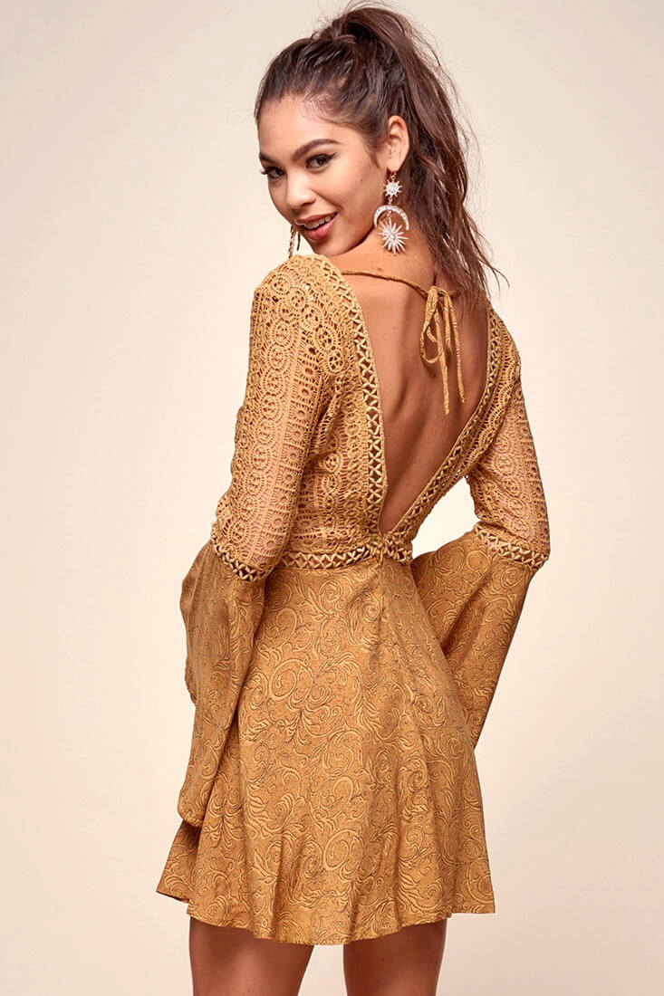 Carson Crochet Bell Sleeve Dress Tan by Selfie Leslie