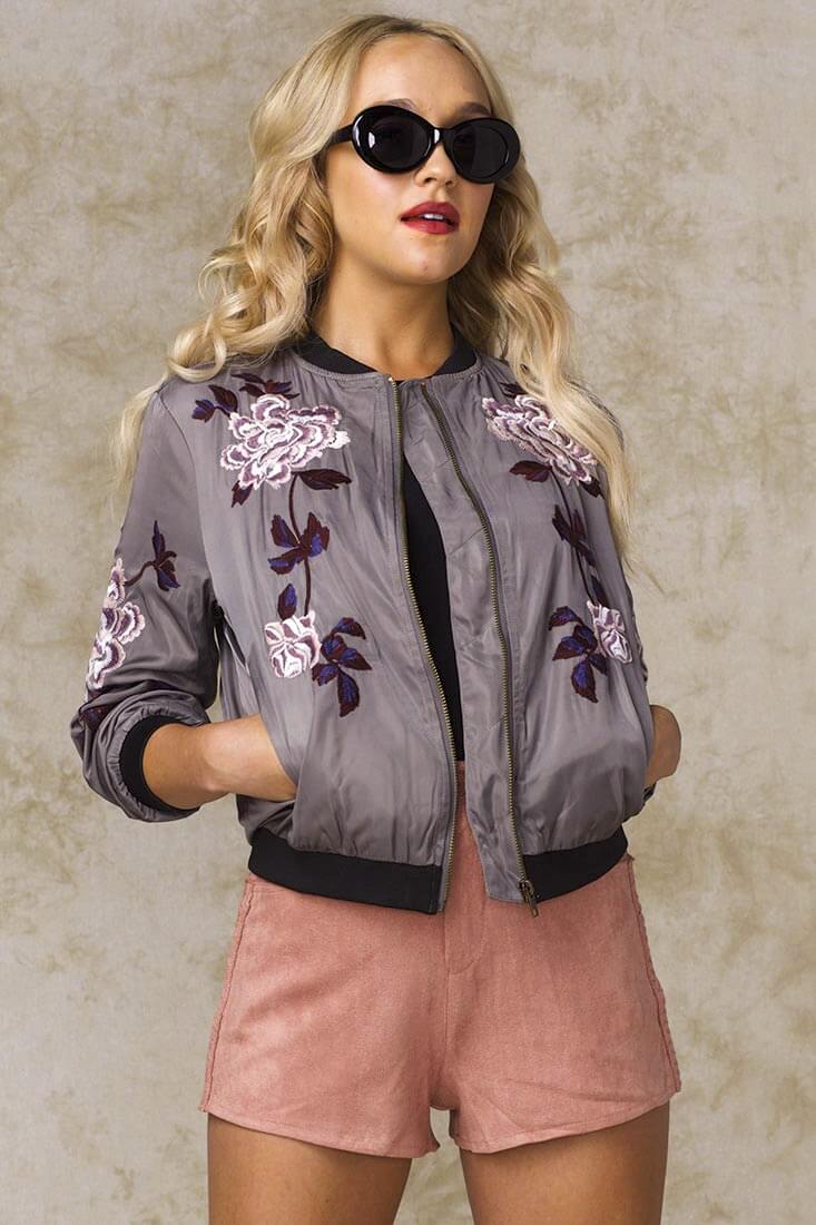 Rachel Floral Bomber Jacket Khaki by Selfie Leslie