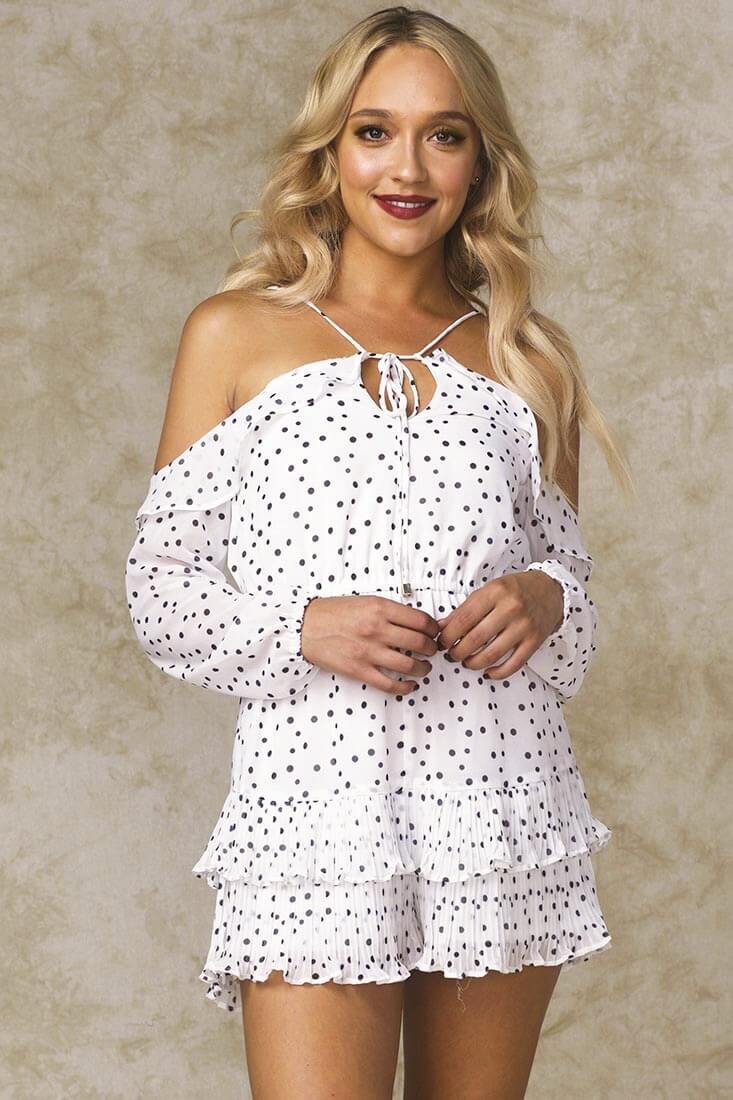 Agron Ruffled Polka Dot Romper White by Selfie Leslie