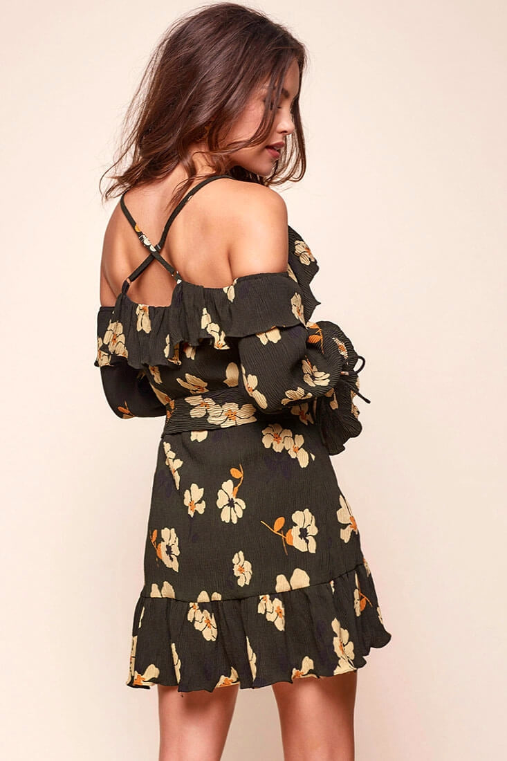 Carly Off the Shoulder Floral Wrap Dress Green by Selfie Leslie
