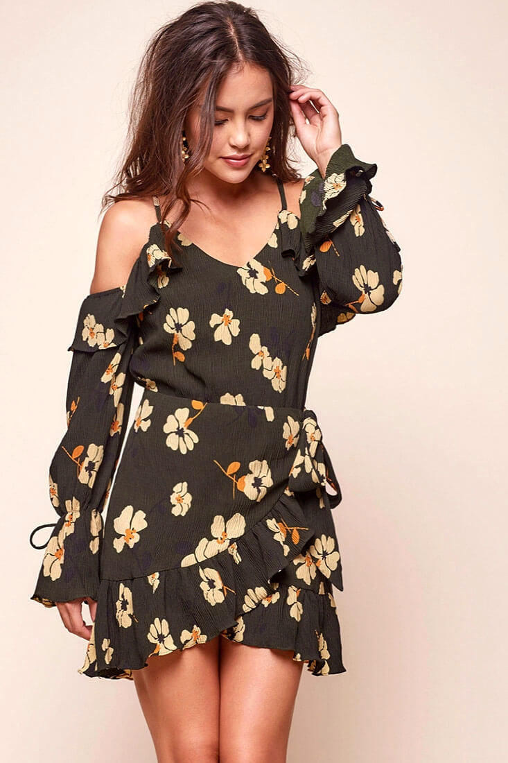 Carly Off the Shoulder Floral Wrap Dress Green by Selfie Leslie