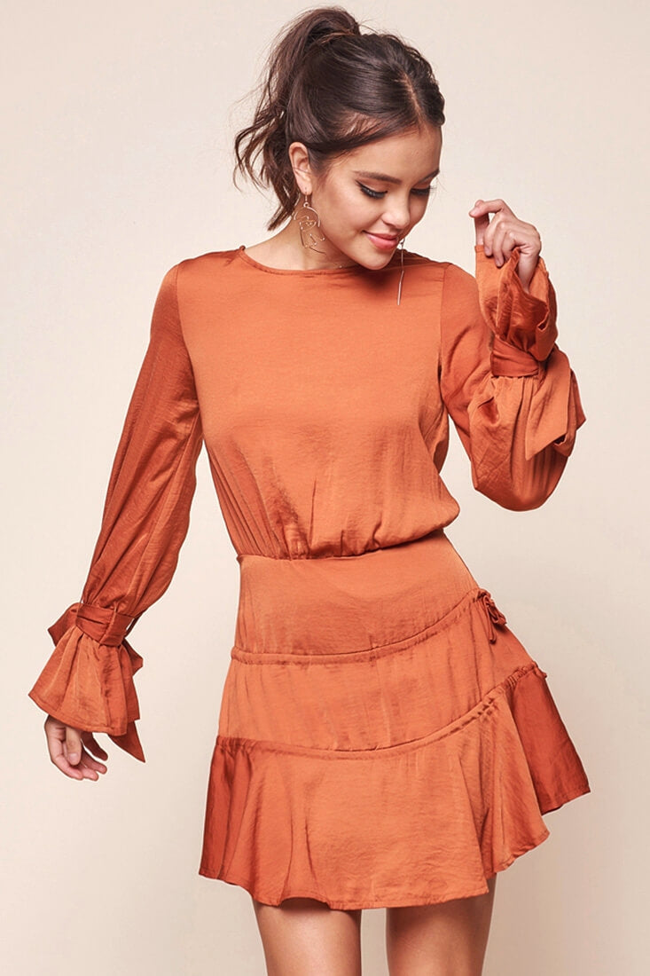 Amira Open Back Wrist Tie Fit and Flare Dress Copper by Selfie Leslie