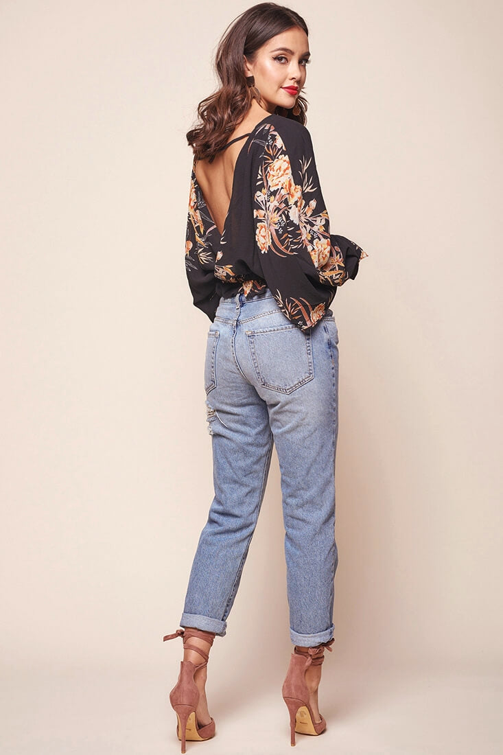 Alejandra Floral Print Bat Sleeve Top Black by Selfie Leslie