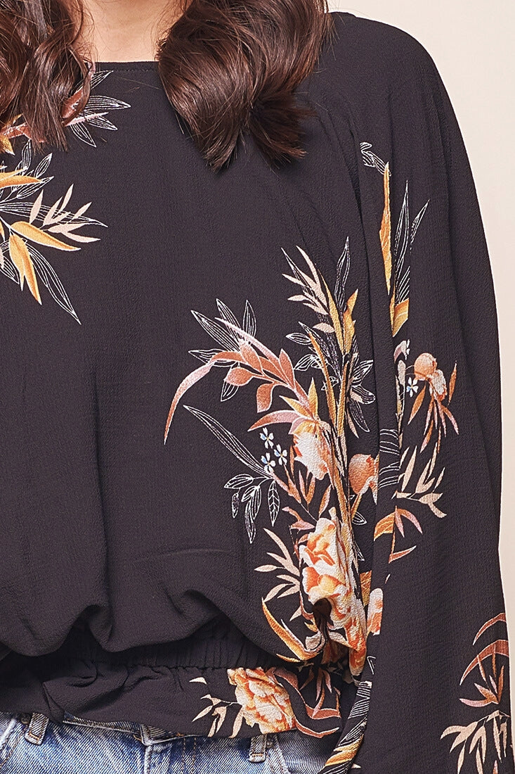 Alejandra Floral Print Bat Sleeve Top Black by Selfie Leslie