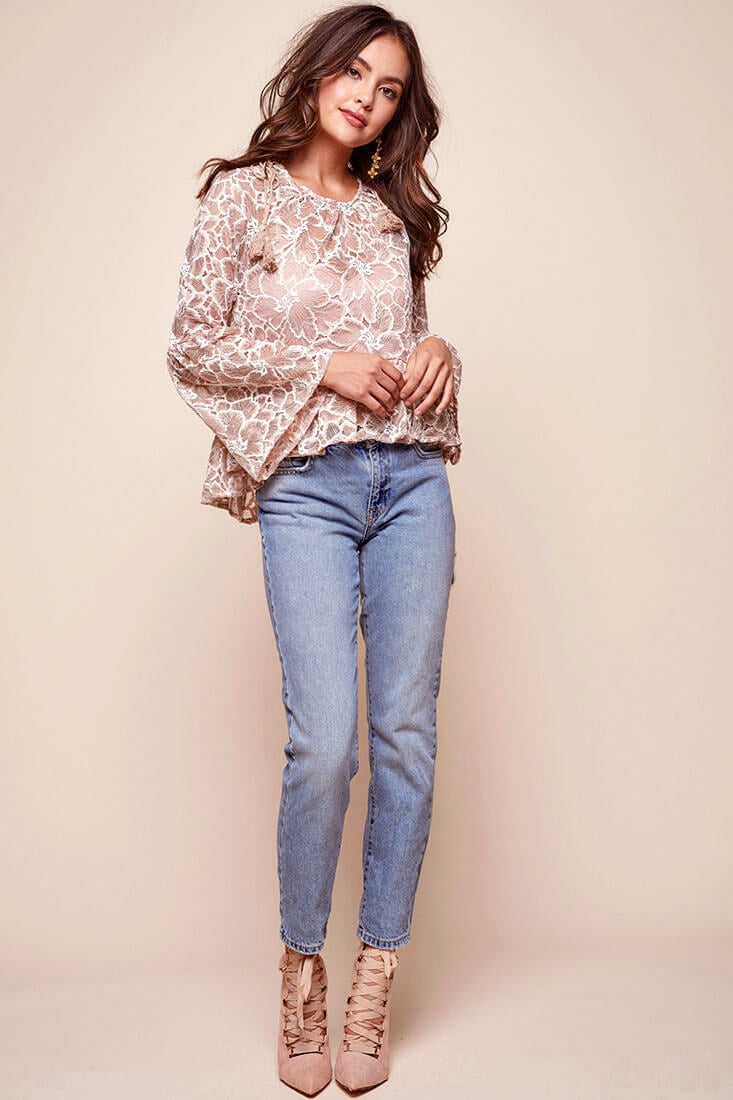 Neiah Sheer Lace Bell Sleeved Top Mocha by Selfie Leslie