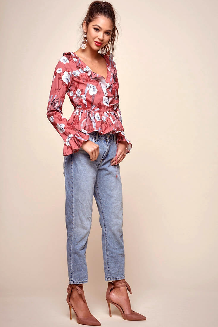 Bellamy Ruffled Bell Sleeve Floral Top Red by Selfie Leslie