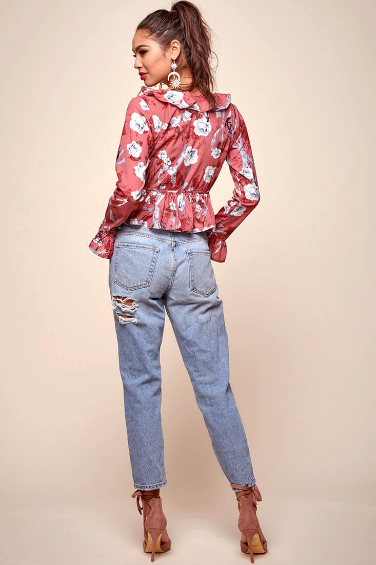 Bellamy Ruffled Bell Sleeve Floral Top Red by Selfie Leslie